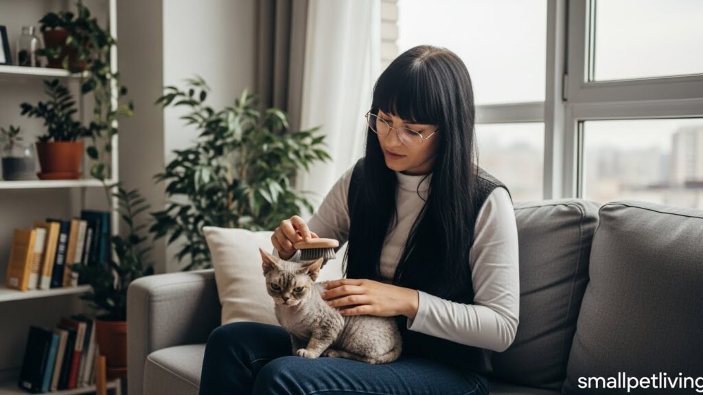 woman brushing Devon Rex in studio apartment – low-shedding cat care for urban living