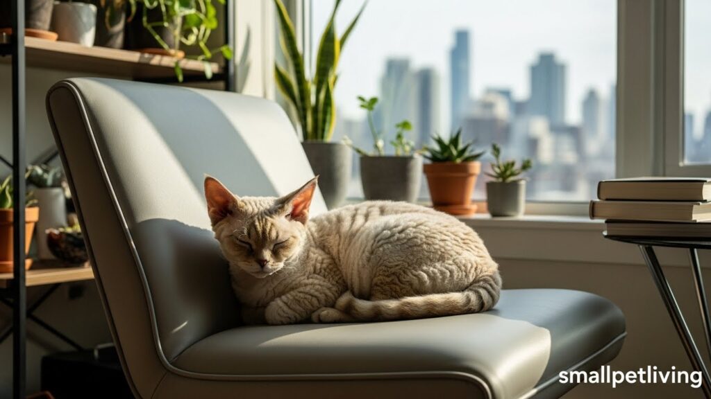 Devon Rex relaxing in modern armchair near window – ideal small cat breed for apartments