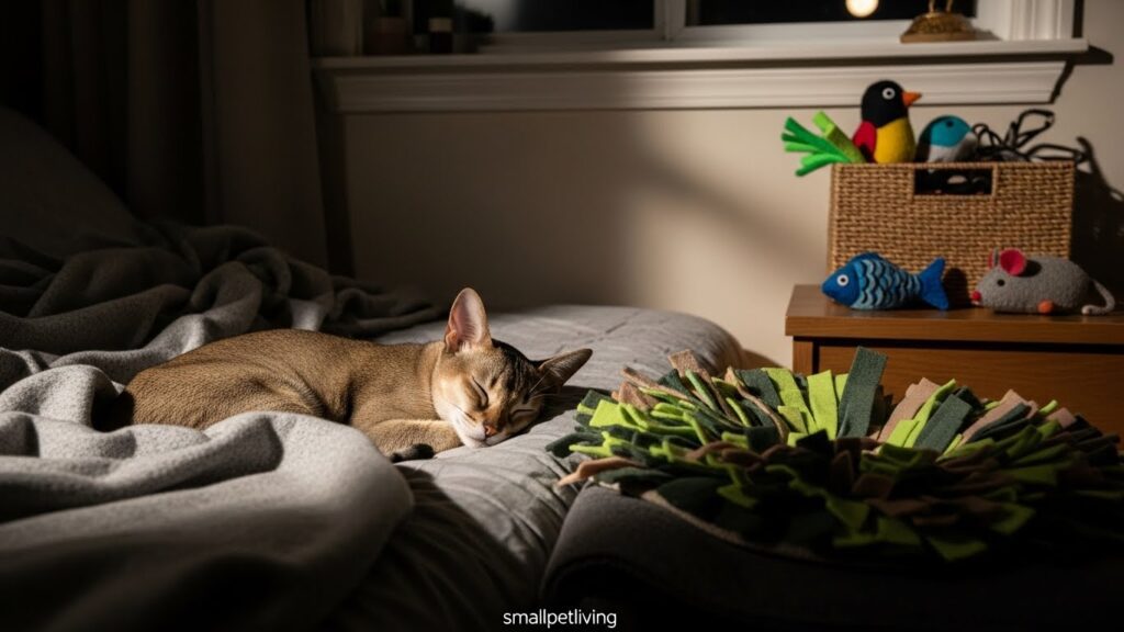 peaceful sleeping cat after quiet play – result of quiet cat toys for thin-wall apartments