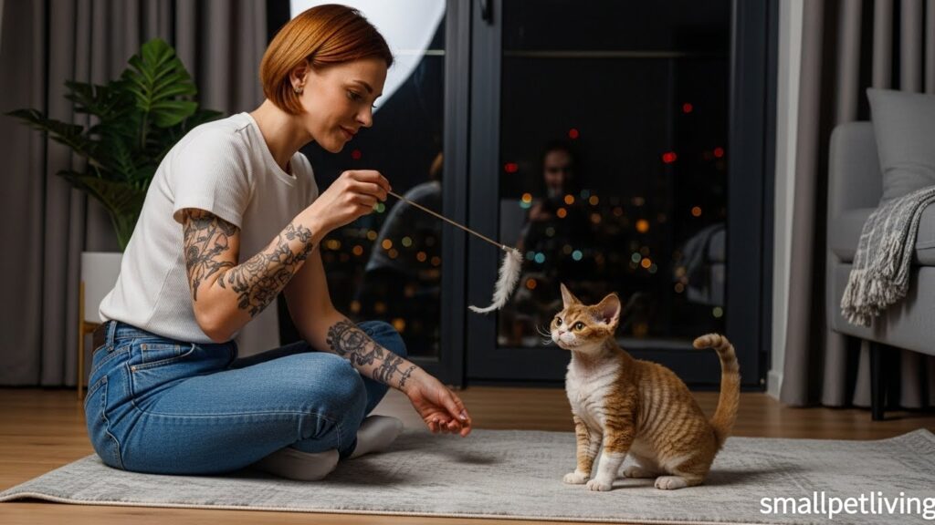 quiet wand play with Devon Rex in thin-wall apartment – silent cat enrichment