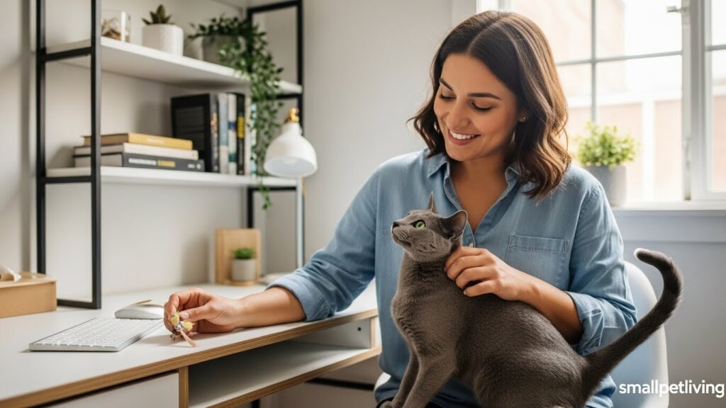 Woman playing with Russian Blue cat in compact home office – calm small cat breed for apartments
