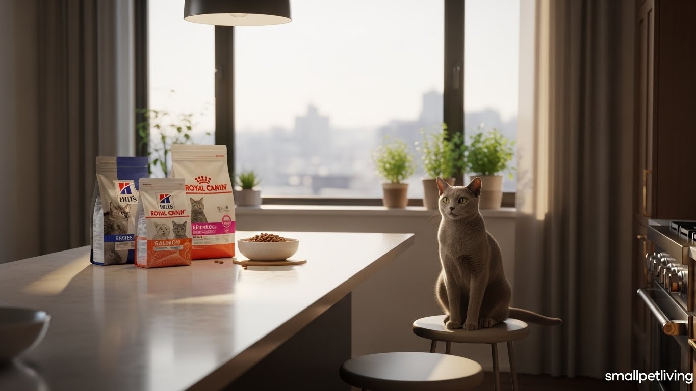 low-shedding cat food for urban living – premium cat food setup in modern apartment kitchen