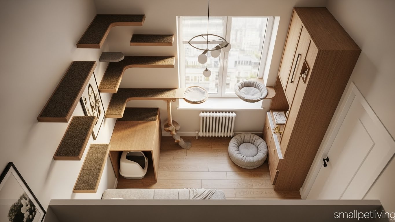 how to set up a cat-friendly studio apartment – aerial view of smart small-space design