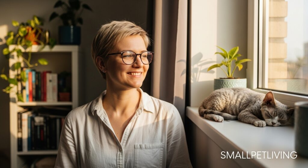 Devon Rex napping on apartment cat window perch – urban cat enrichment