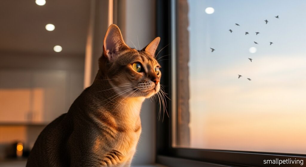 Singapura cat enjoying apartment cat window perch – result of thoughtful enrichment