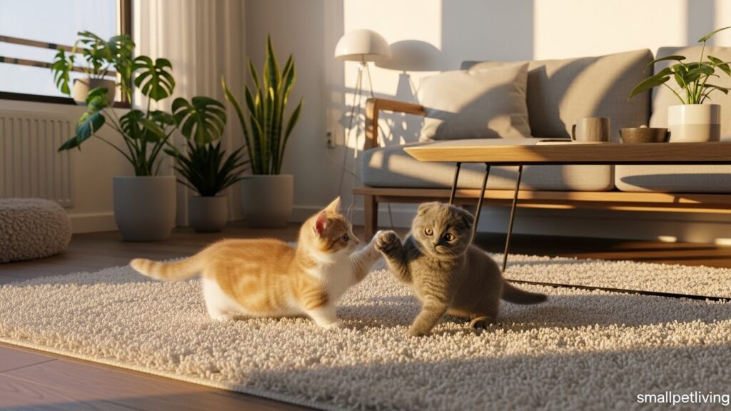 Munchkin and Scottish Fold kittens playing in studio apartment – small cat breeds for apartments