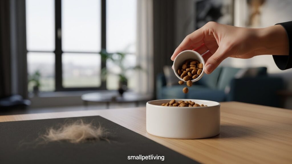 pouring low-shedding cat food in urban apartment – omega-rich kibble for less shedding