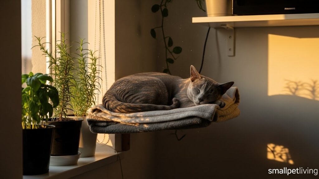 wall-mounted cat shelves in studio apartment – vertical enrichment for small spaces