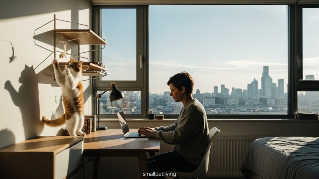 cat sleeping on window perch in studio apartment – calm zone for urban cats