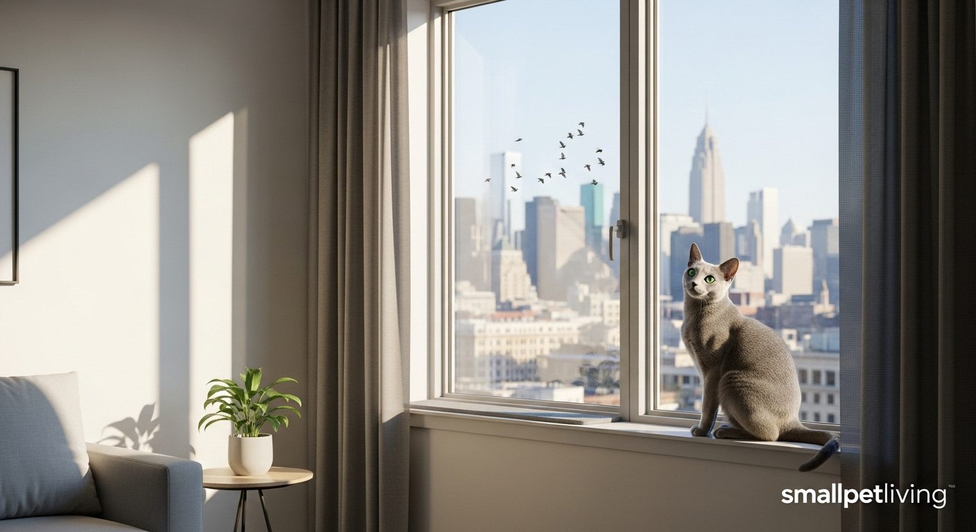 apartment cat window perch – Russian Blue watching birds from safe urban window seat