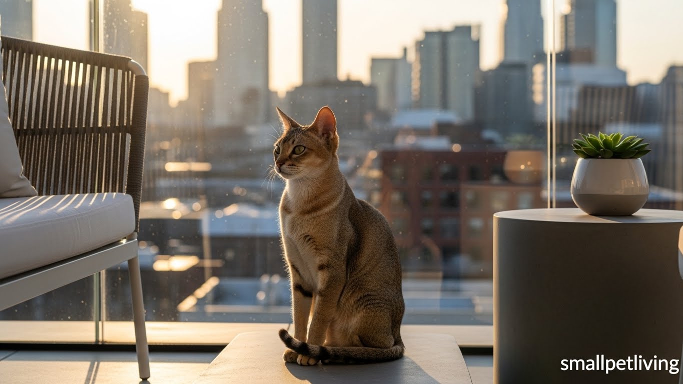 small cat breeds for apartments – Singapura cat on modern urban balcony with city view