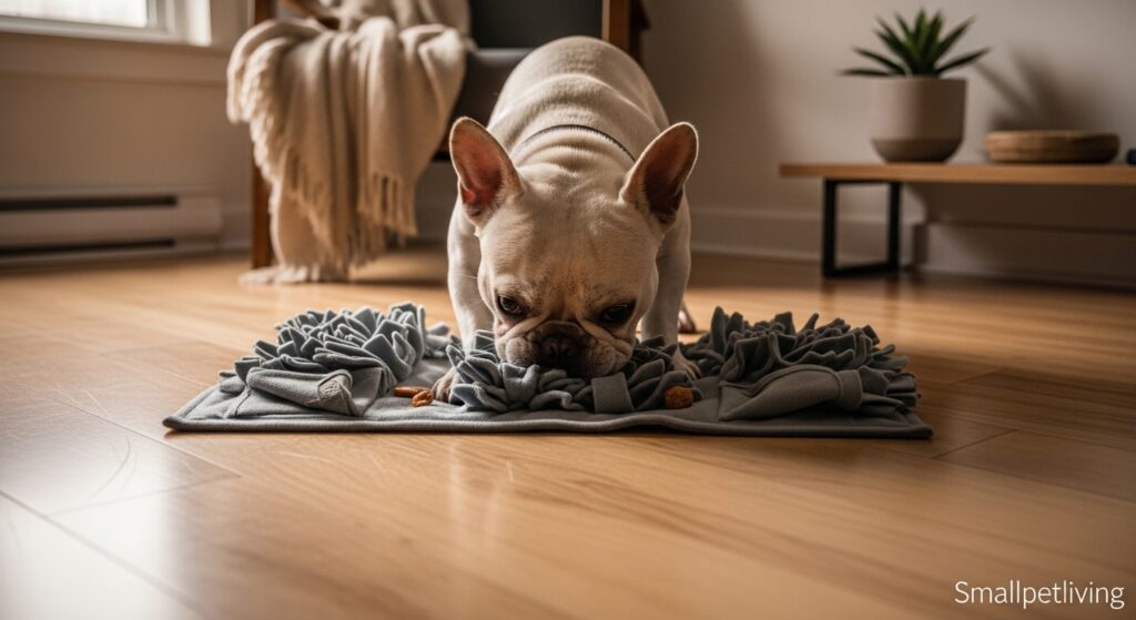 A dog using a snuffle mat for mental enrichment in a small space.