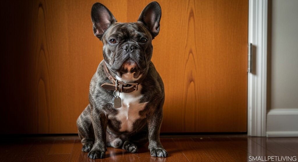 A trained dog sitting calmly by an apartment door.