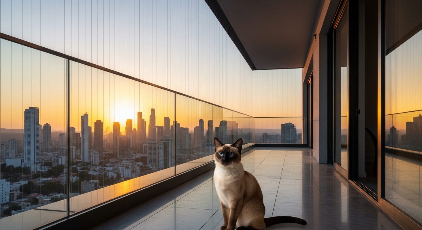 7 high-rise cat safety strategies featuring invisible balcony netting.