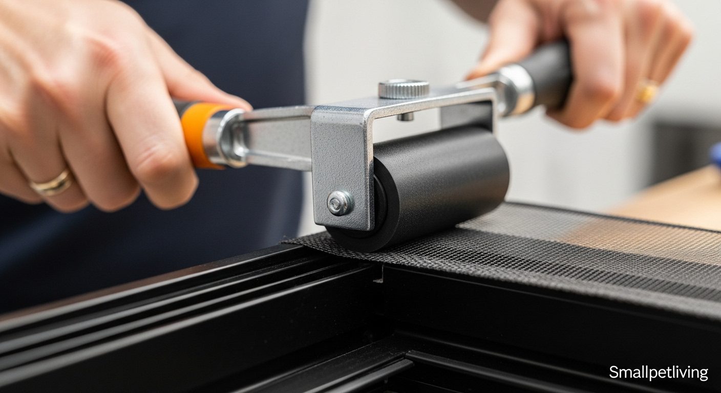 Using a spline roller to install heavy-duty pet screens for high-rise cat safety.