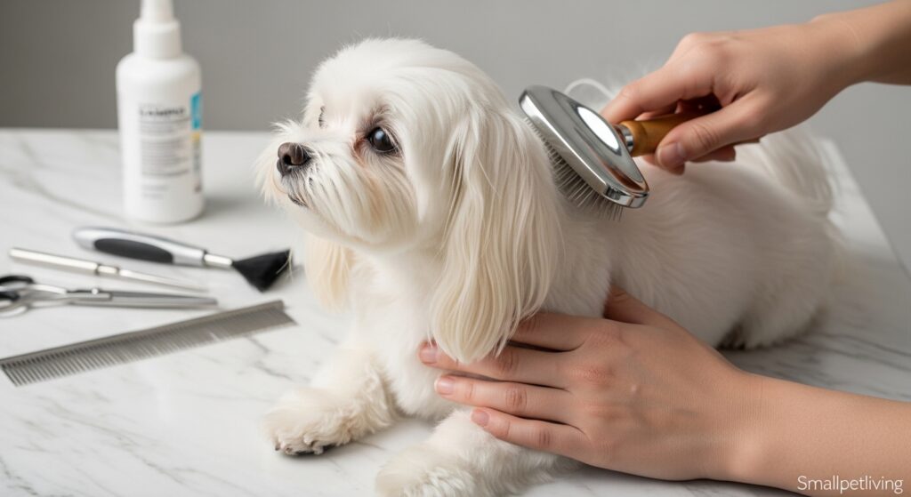 A person using high-end grooming tools on a small dog in an apartment.