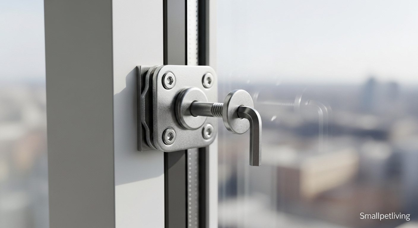 A metal track-mounted restrictor lock on a sliding window for feline safety.