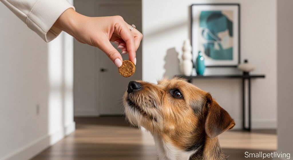 A pet owner rewarding their dog for staying quiet in an apartment.