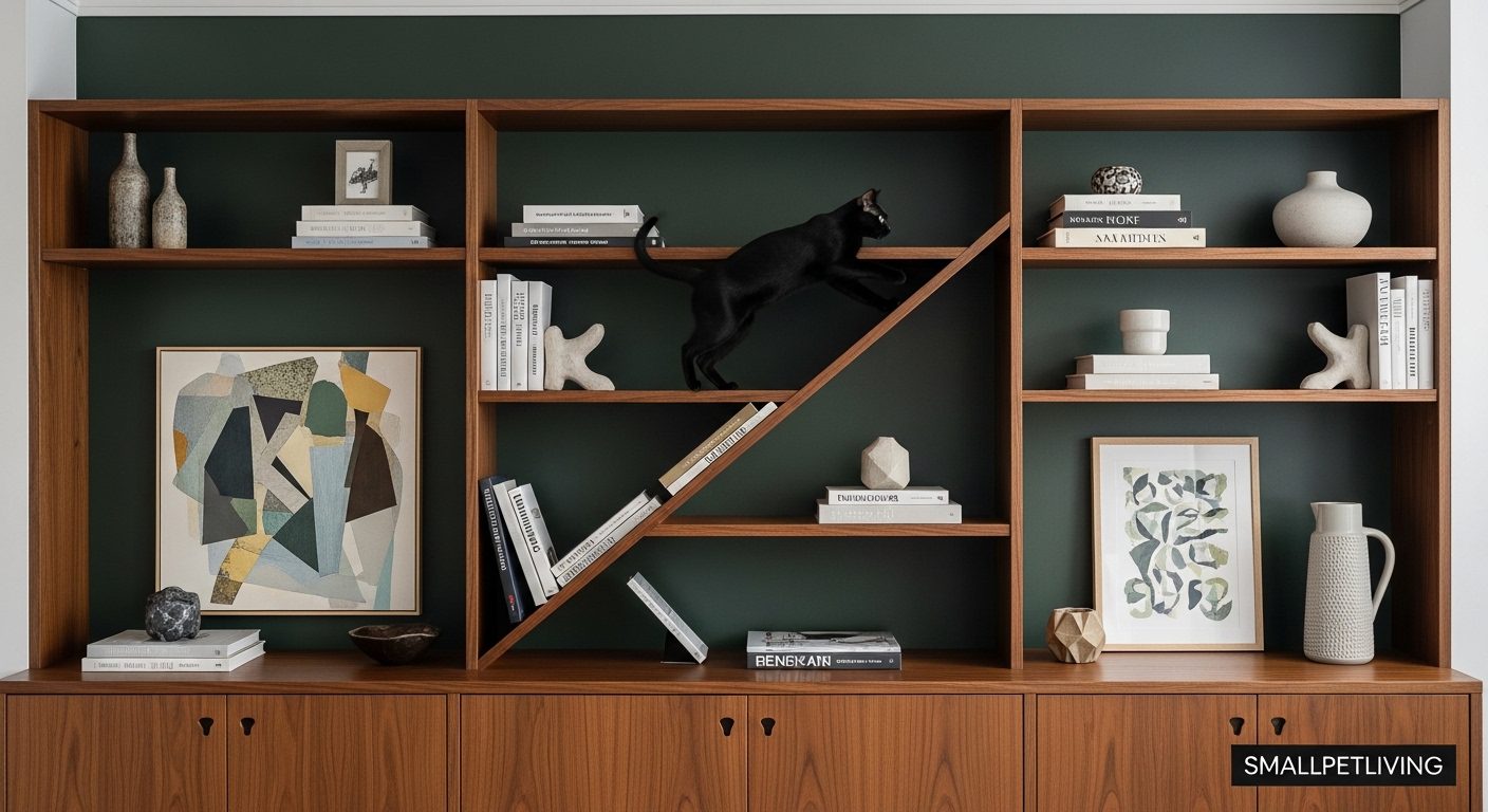 A custom mid-century bookshelf modified to act as a cat climbing tree.