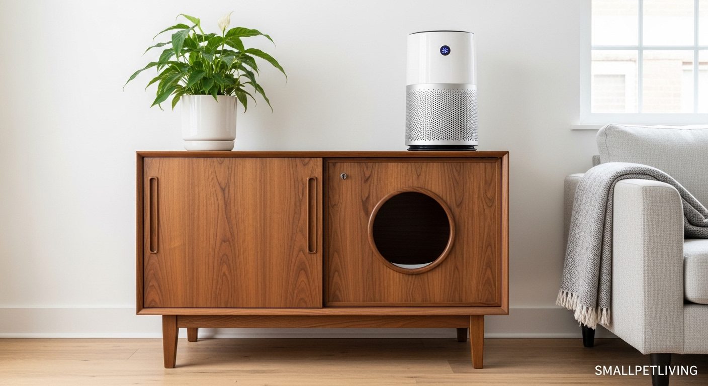 A stylish mid-century modern credenza that hides a cat litter box.