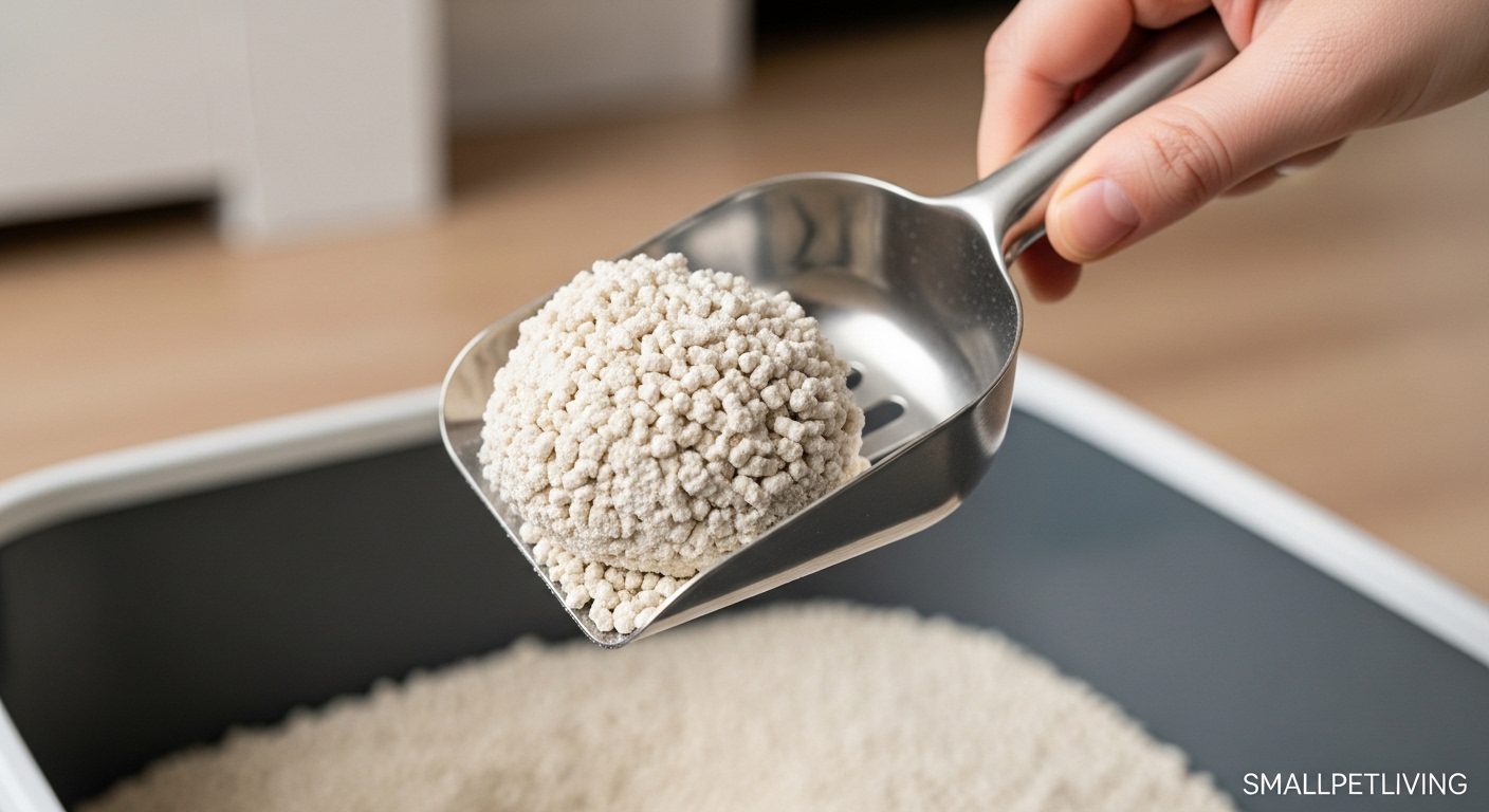 A close-up of a perfect clump of tofu cat litter being scooped.