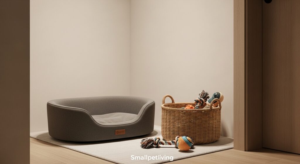 A cozy dog corner in a studio apartment with a high-quality bed and toy basket.