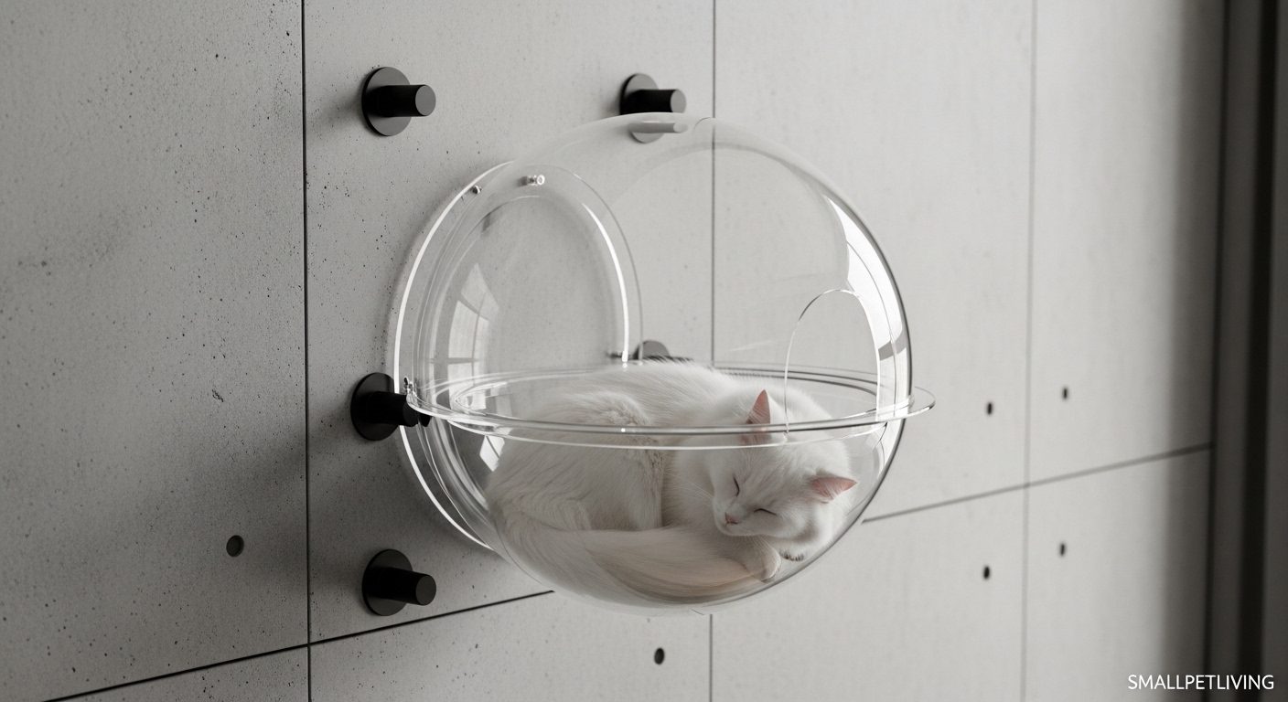A transparent acrylic cat lounger mounted on an apartment wall.