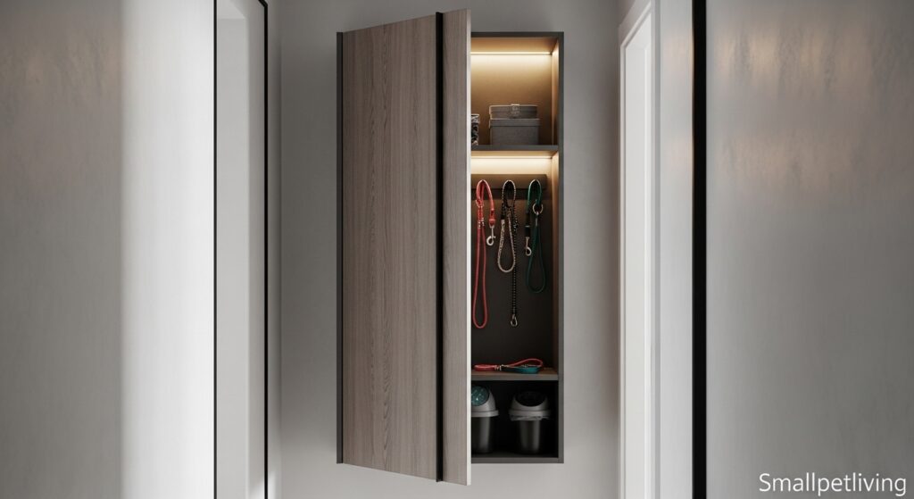 A wall-mounted pet storage cabinet in a narrow apartment hallway.