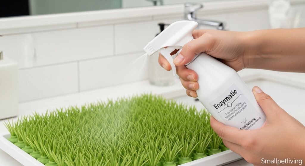Cleaning a synthetic dog grass tray with an enzymatic spray.