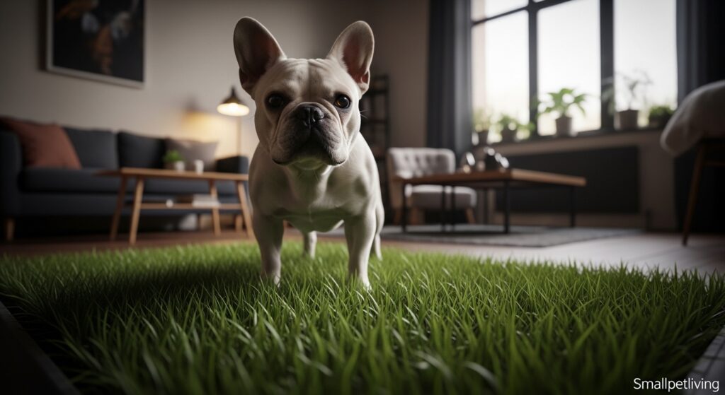 A French Bulldog using a real grass indoor potty pad in a studio apartment.
