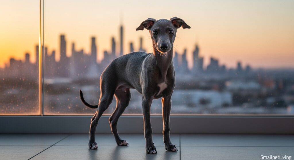 An Italian Greyhound puppy standing on a modern apartment balcony.
