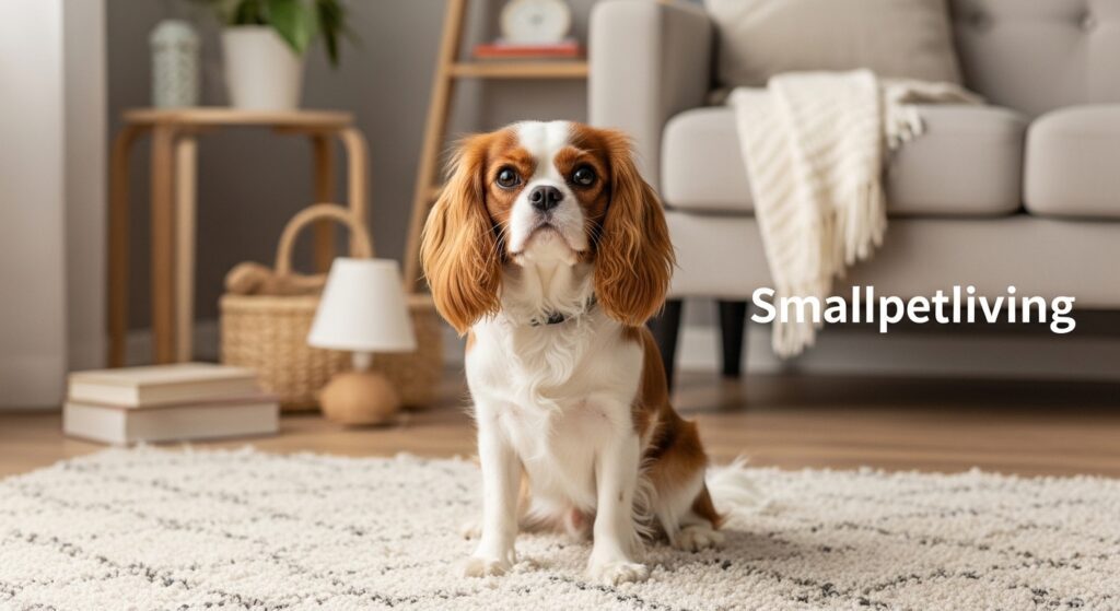A Cavalier King Charles Spaniel sitting quietly on a rug in a small living room.