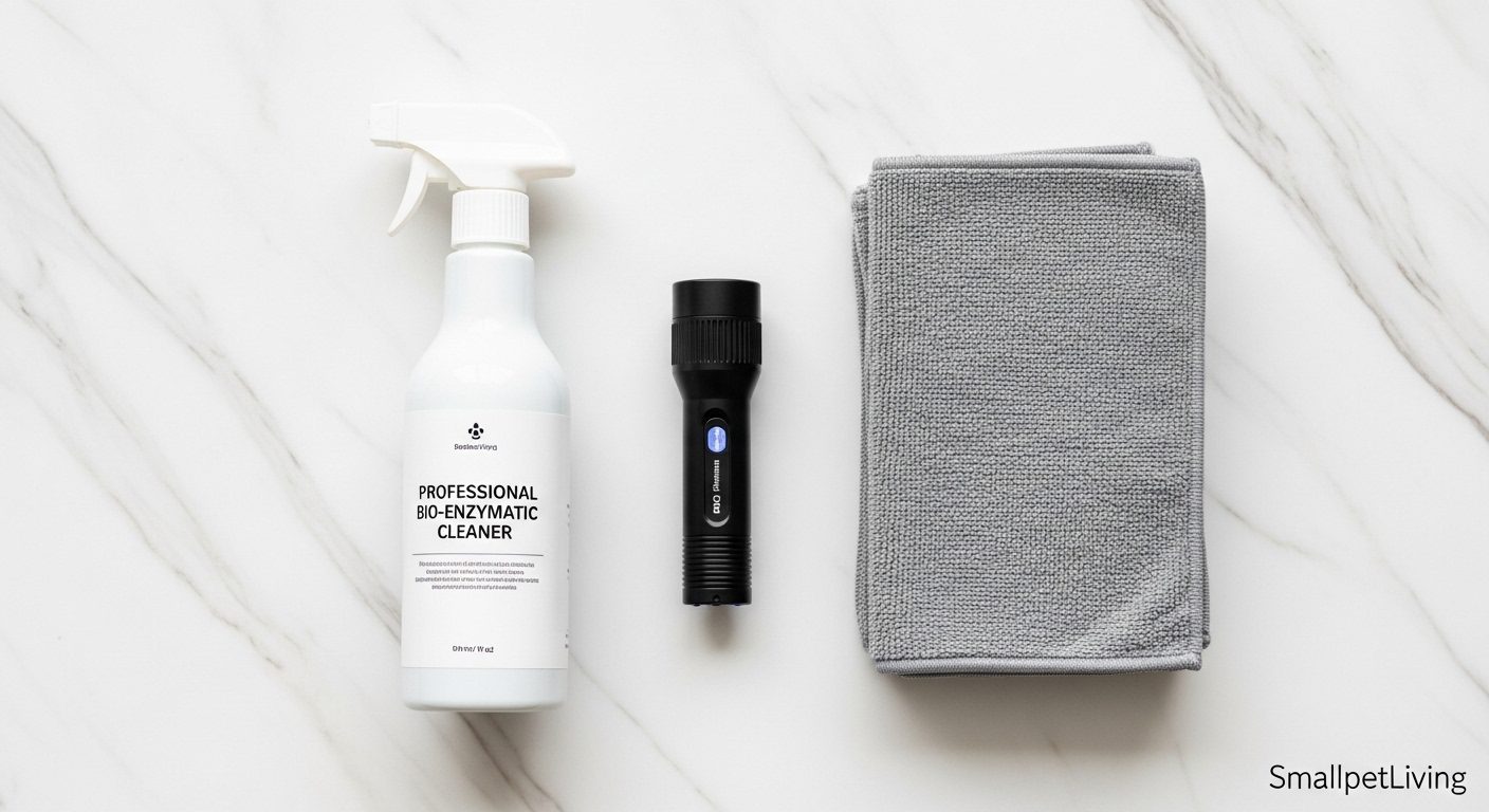 A flat lay of professional enzymatic cleaning tools for cat urine.