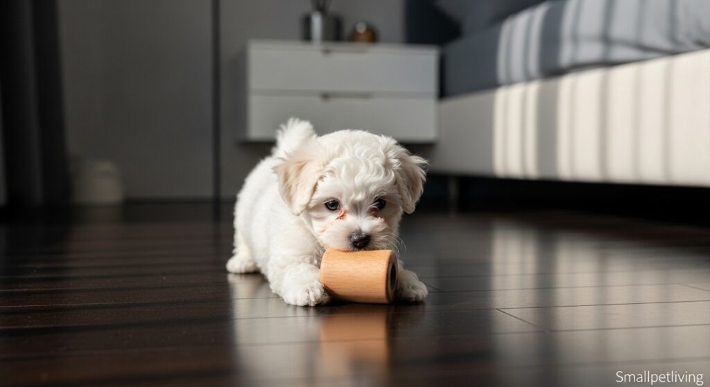 A Bichon Frise puppy playing on a clean hardwood floor.