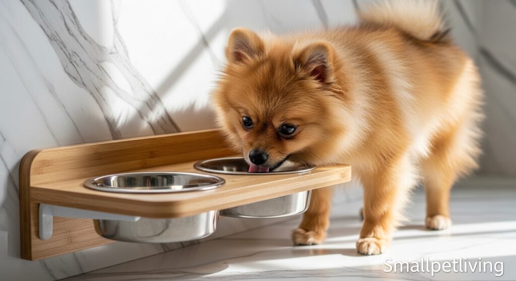 Wall-mounted dog bowls used as small dog accessories for tight spaces.