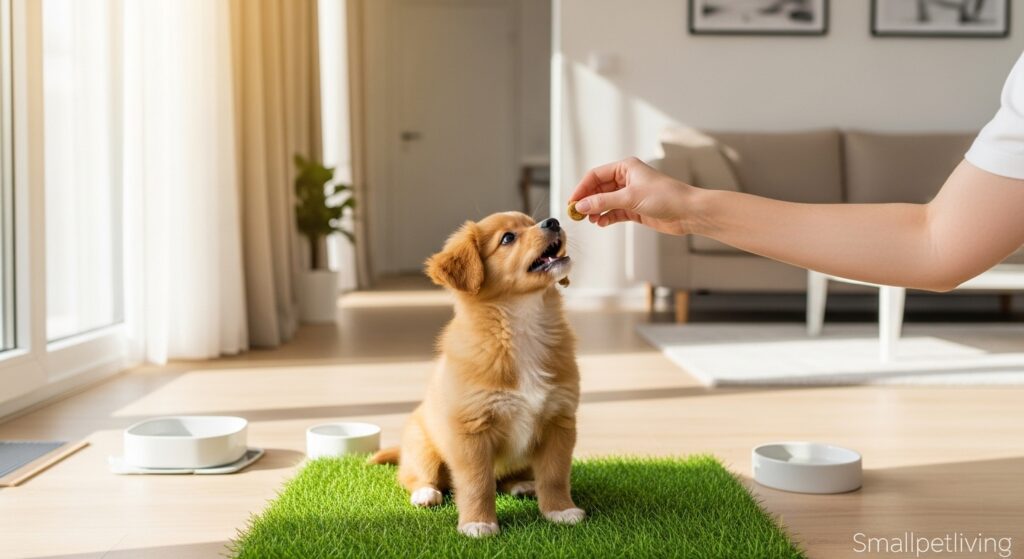 Owner training a small dog to use a grass pad inside an apartment.