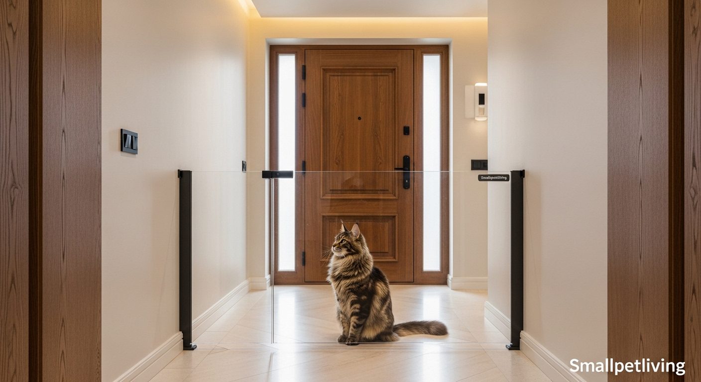 A clear acrylic pet gate installed in an apartment hallway for safety.