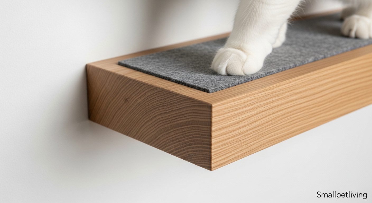A close-up of a sturdy floating oak shelf used as minimalist cat wall furniture.