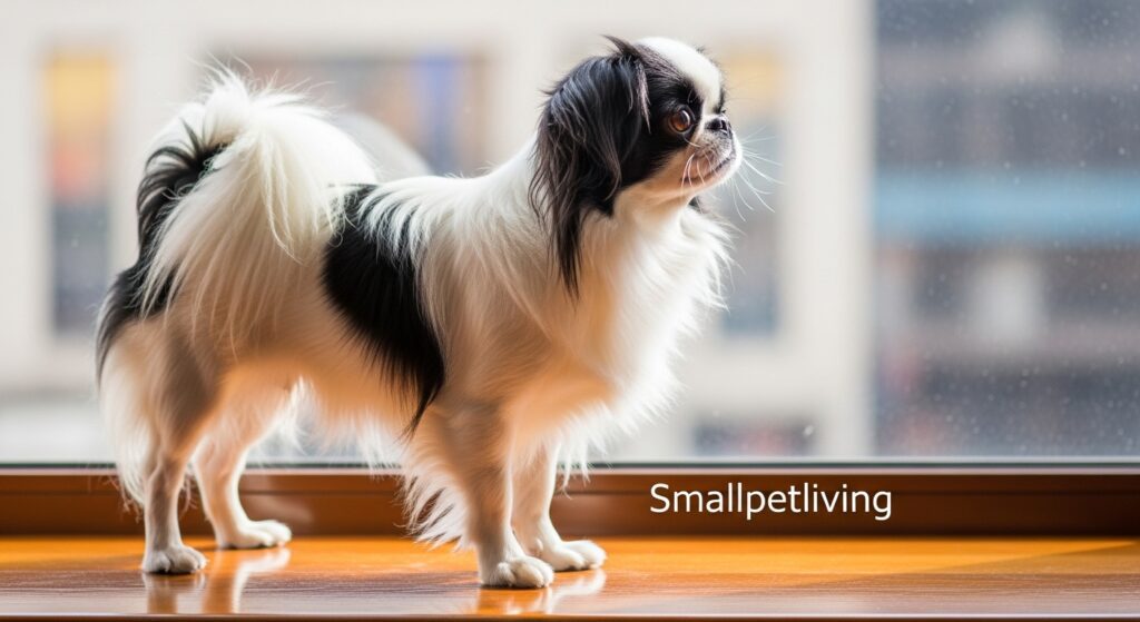 A Japanese Chin dog standing gracefully on a windowsill in a city flat.