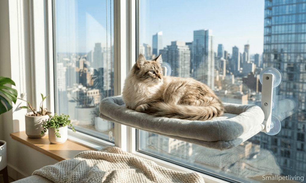 A cat relaxing on a window perch, watching the city to relieve anxiety.