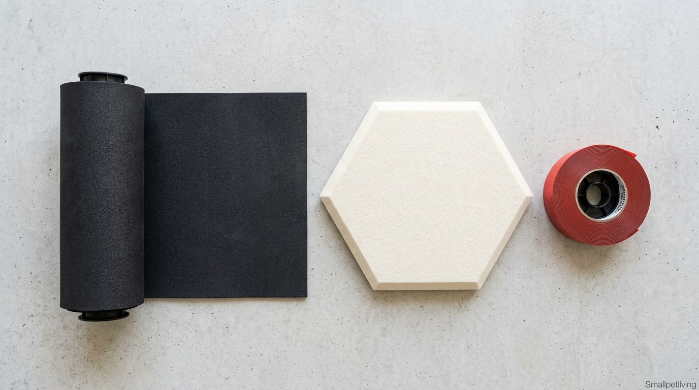 A flat lay of soundproofing materials including MLV and acoustic panels.