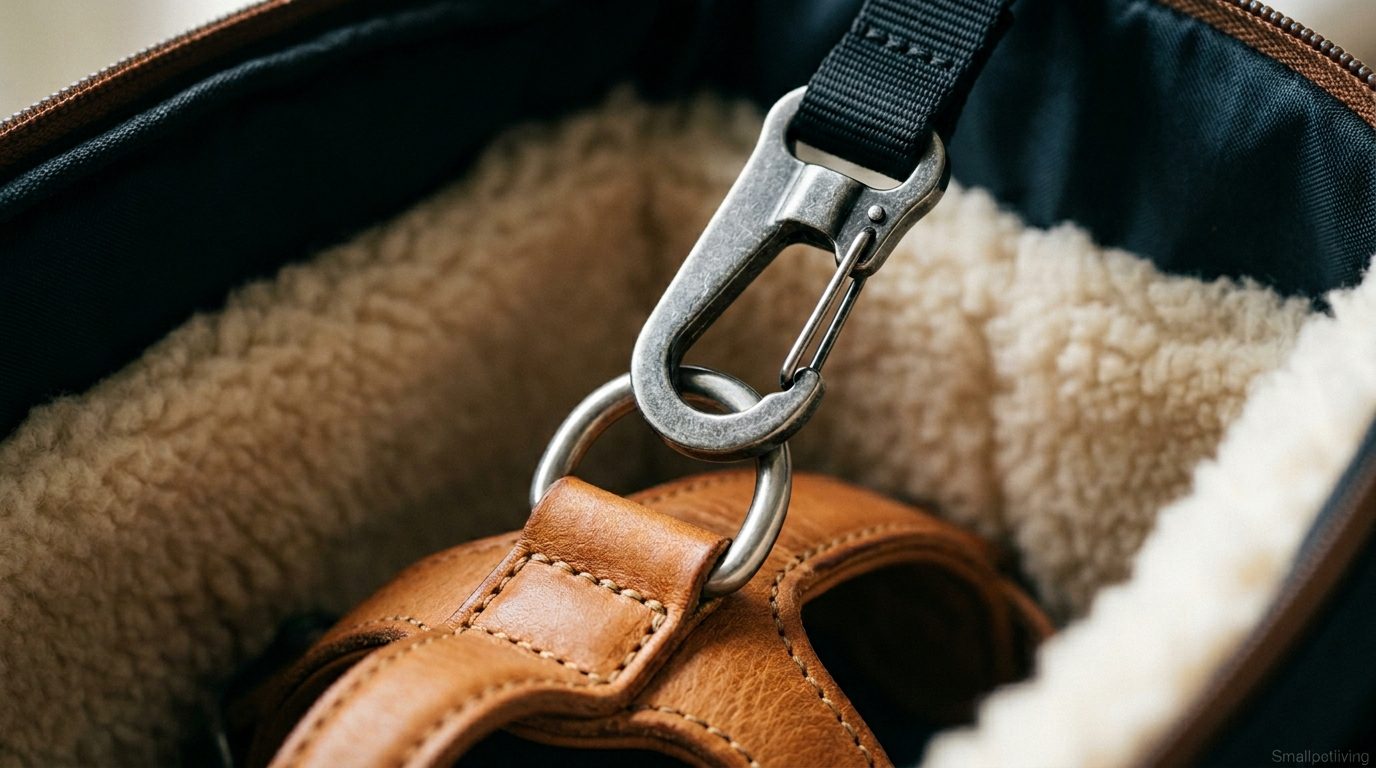 A flat lay showcasing the hidden mesh and zippers of a stealth pet carrier.