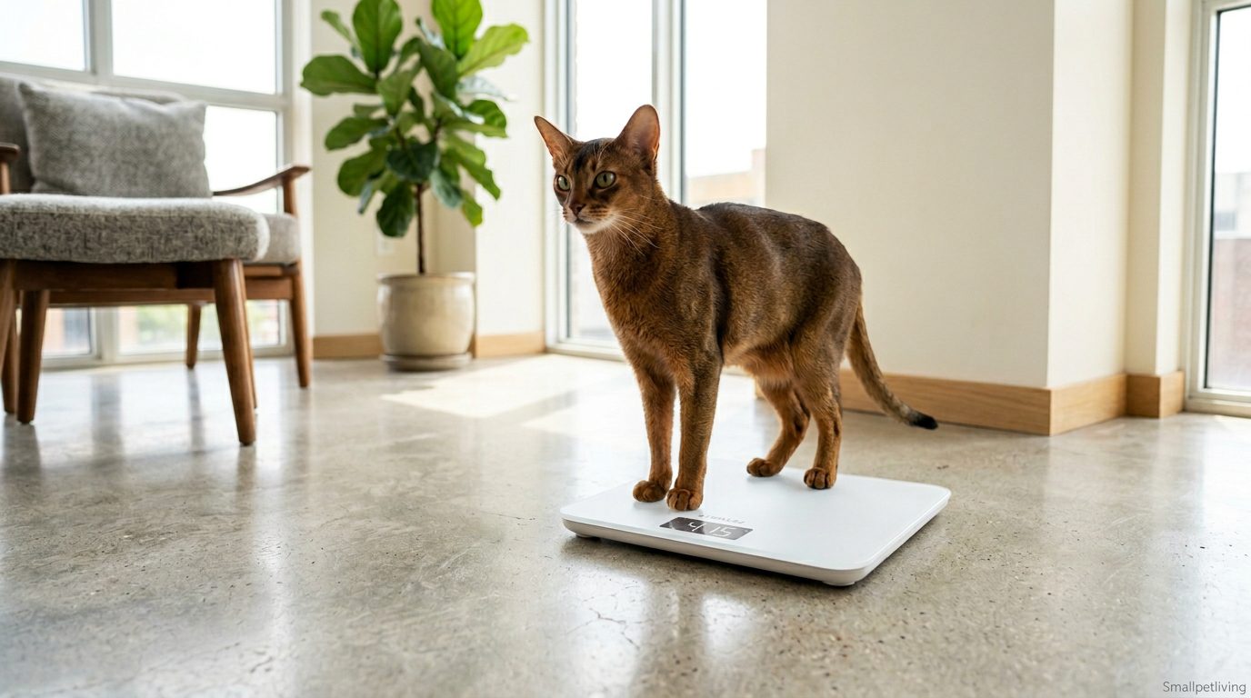 A cat sitting on a low-profile digital veterinary scale in an apartment.