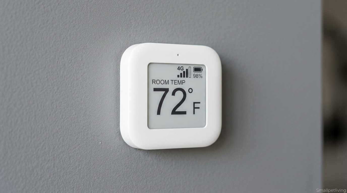 A close-up of a standalone cellular pet temperature monitor mounted on a wall.
