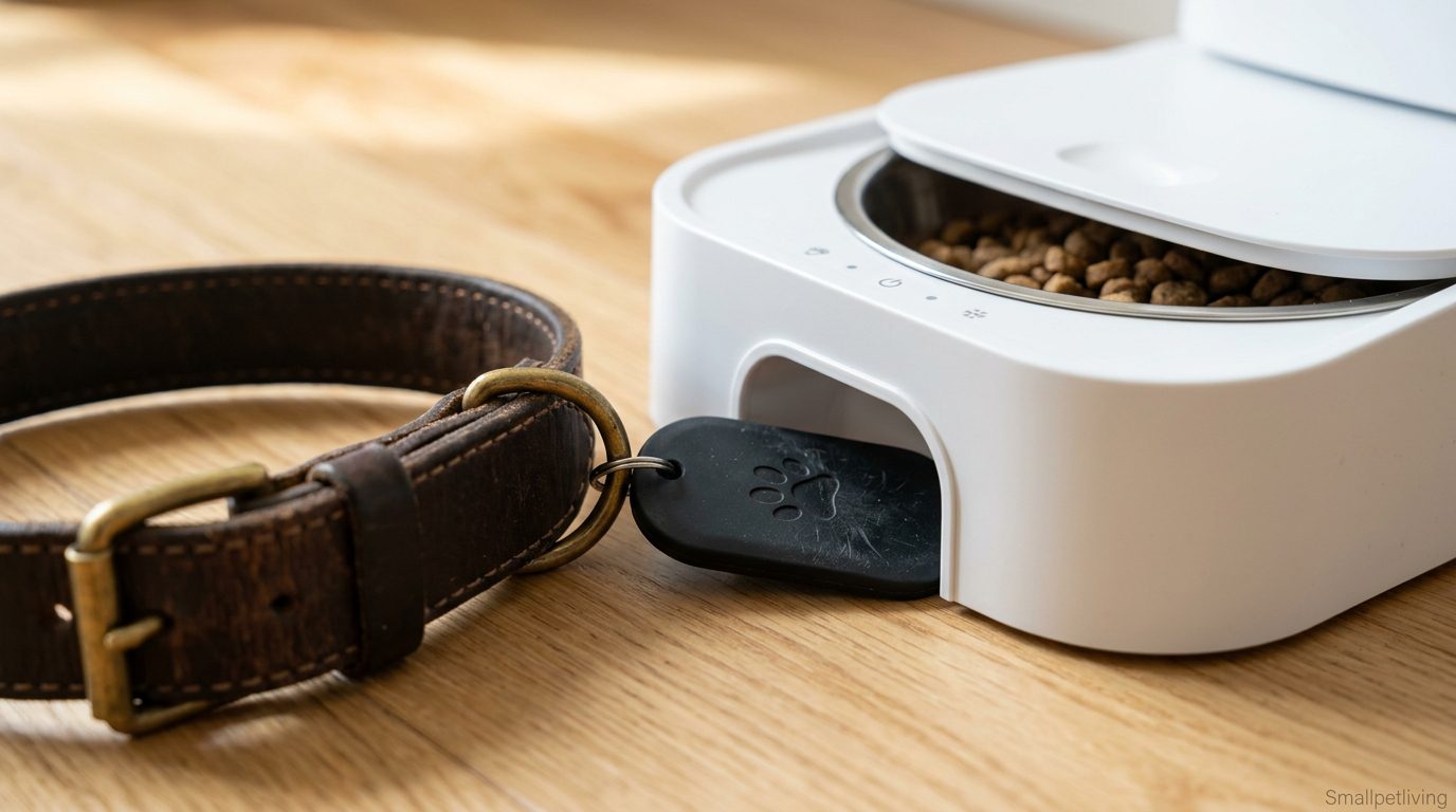 A close-up of a dog's collar tag activating a microchip pet feeder.