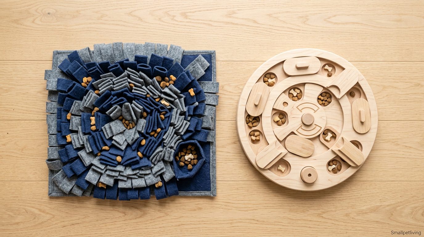 An overhead view of a colorful snuffle mat and wooden puzzle feeder for dogs.