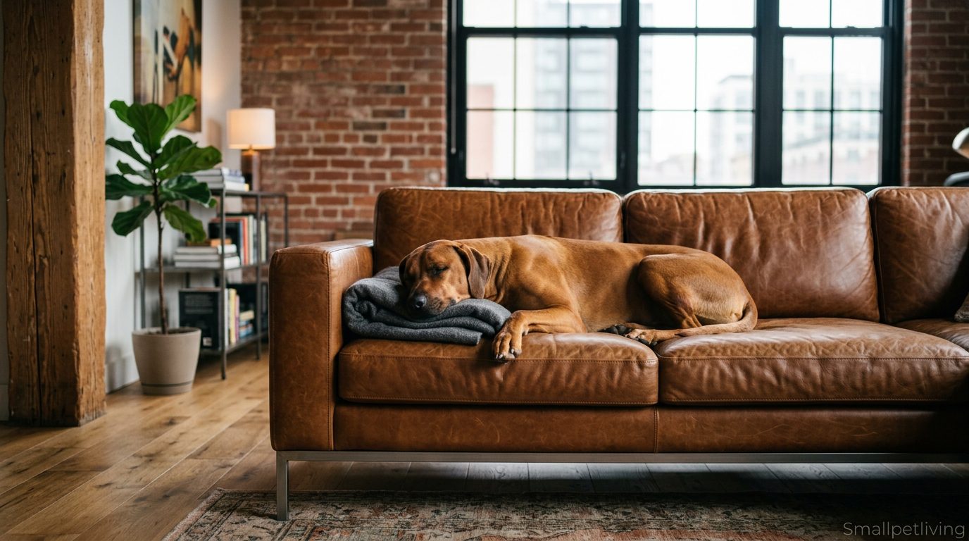A clean dog resting on a durable top-grain leather sofa in a modern loft.