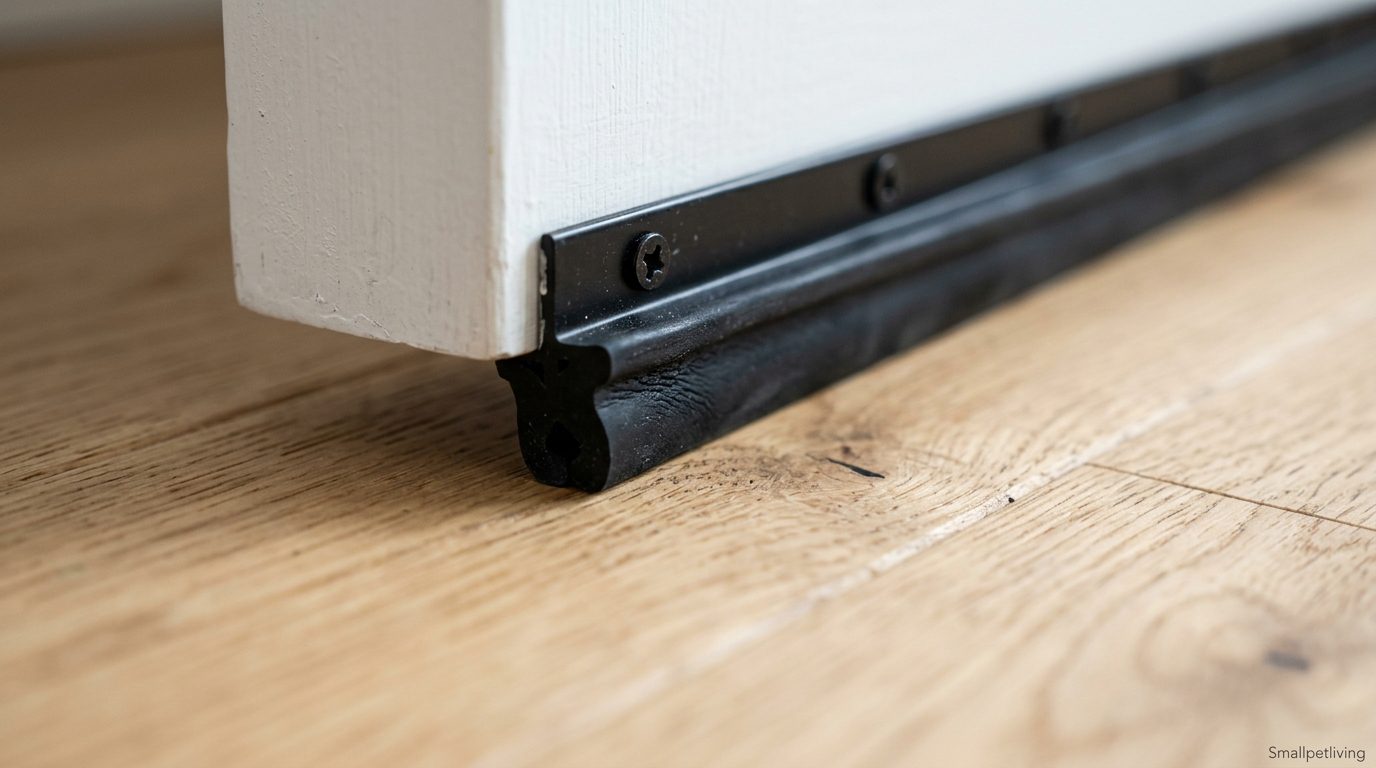 Macro shot of a heavy-duty silicone acoustic door sweep blocking air gaps.