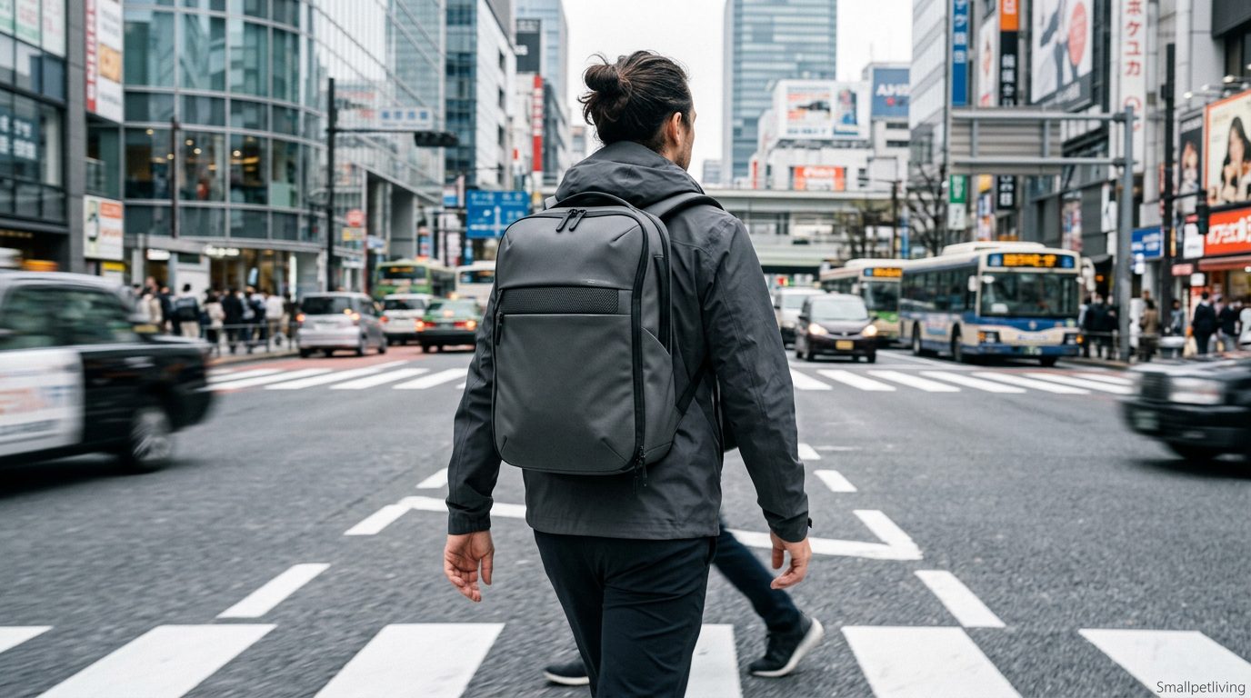 A person wearing a stealth pet backpack walking through a city crosswalk.