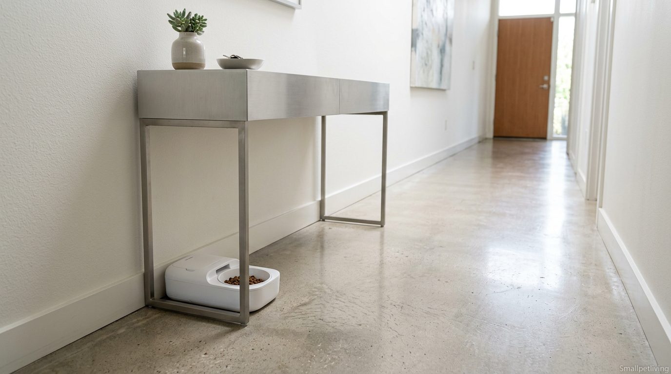 A close-up of the sealed bowl of a microchip pet feeder locking in wet food odors.